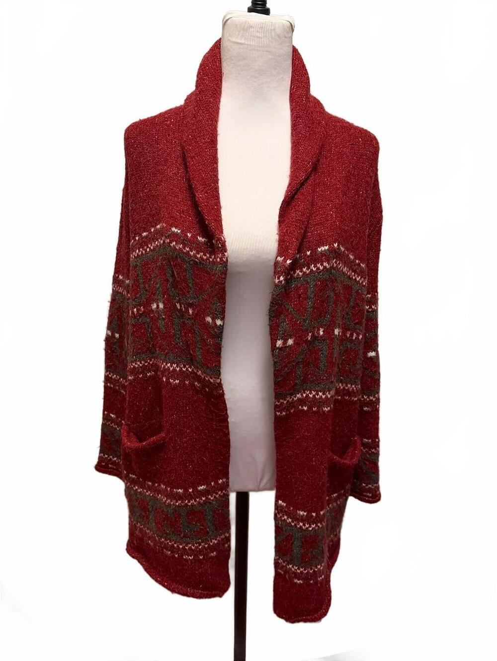 Burgundy Red Fair Isle Shawl Cardigan L Cabincore South Western Boho 90s Grunge